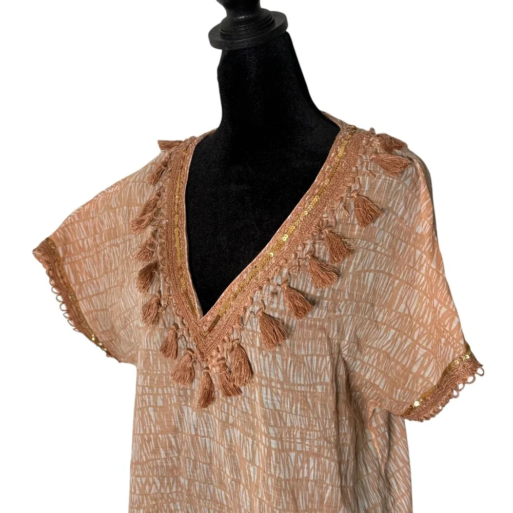 J. Crew Fringe Beaded V Neck Tunic Top Sea Grass Sequin Size 8 Resort Beach BOHO
